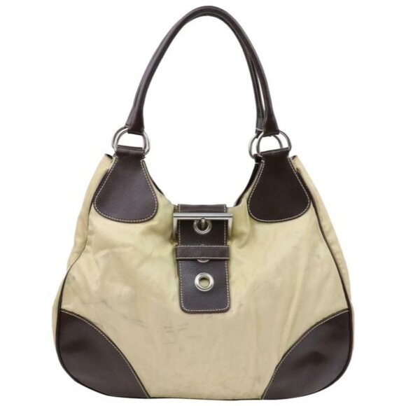 Prada Xl Hobo Style Shoulder Purse Champagne Nylon And Brown Leather With Chrome - Picture 1 of 8